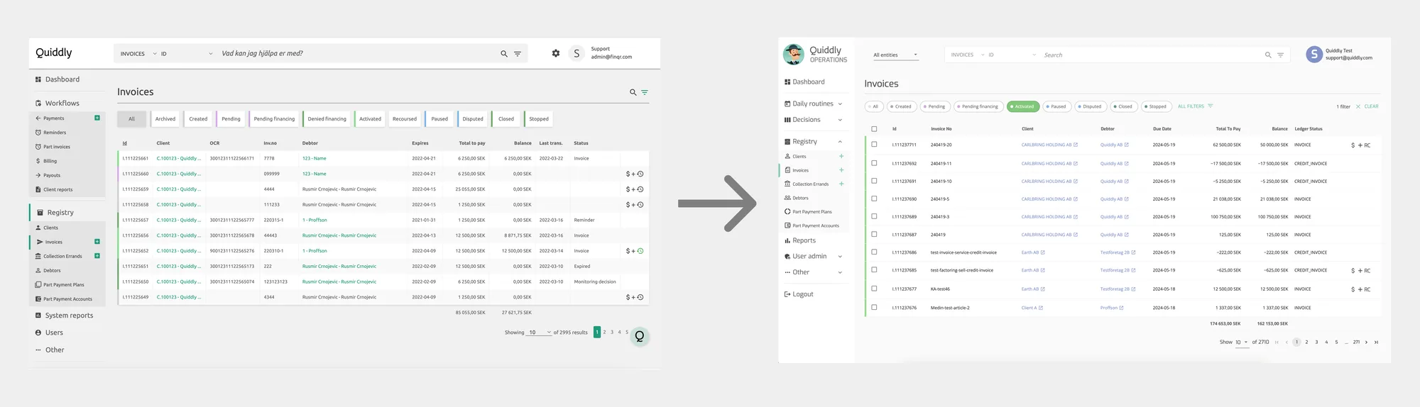 Before and after: invoice list