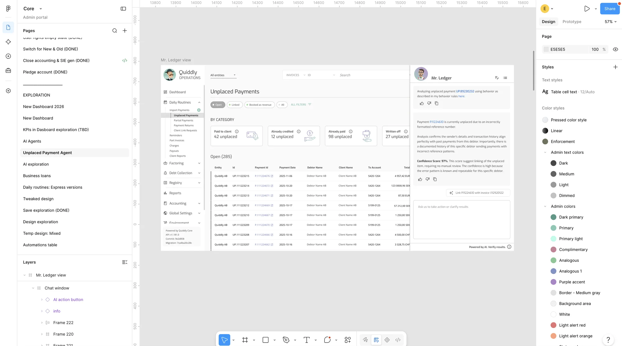 Figma file for the Quiddly admin portal, showing the Mr. Ledger AI agent helping with unplaced payments