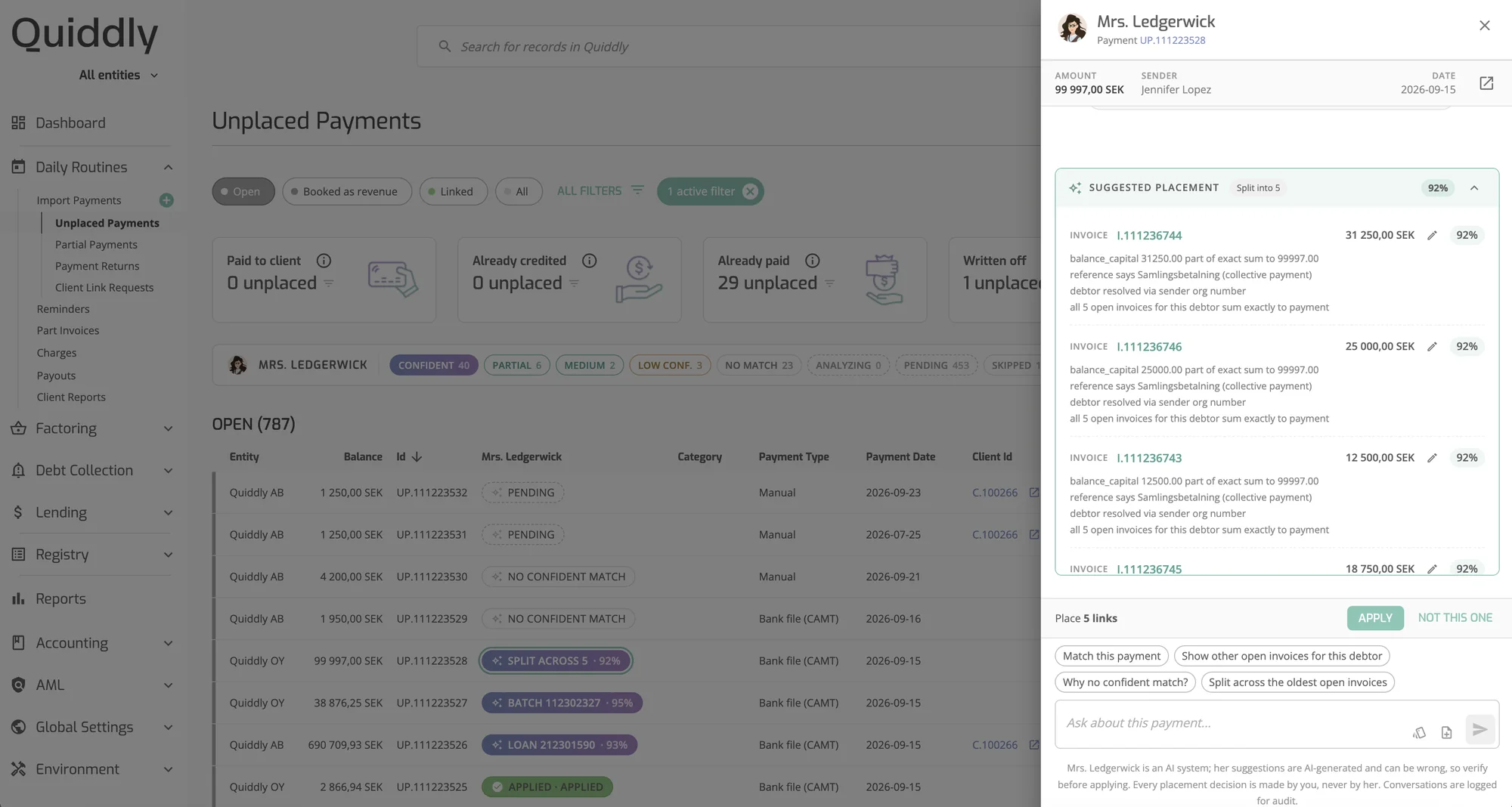 Shipped Quiddly feature: Mrs. Ledgerwick suggests splitting a payment across five invoices with 92% confidence
